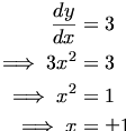 

\begin{align*}\frac{dy}{dx}&=3 \\
\implies 3x^2&=3 \\
\implies x^2&=1 \\
\implies x&=\pm1\end{align*}

