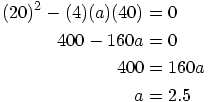 

\begin{align*}
(20)^{2}-(4)(a)(40)&=0 \\
400-160a&=0 \\
400&=160a \\
a&=2.5 
\end{align*}

